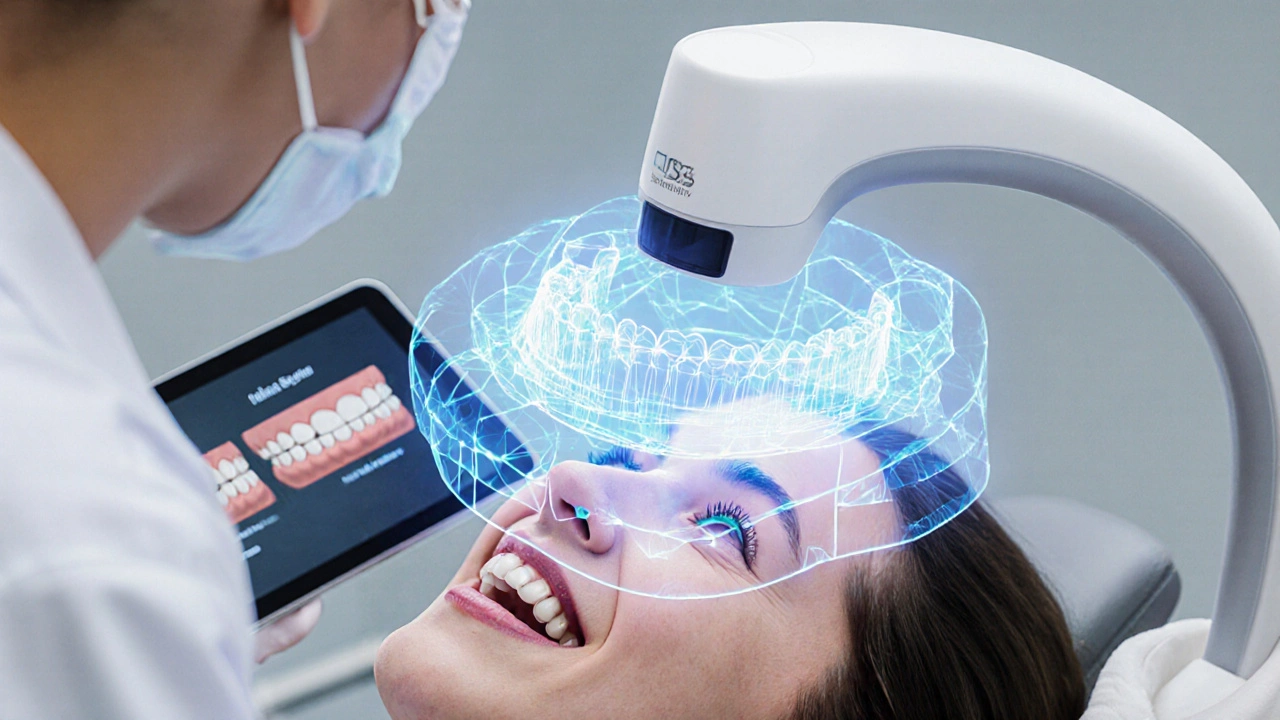 Digitální 3D sken zubů zobrazuje vnitřní strukturu čelisti jako holografickou vrstvu.