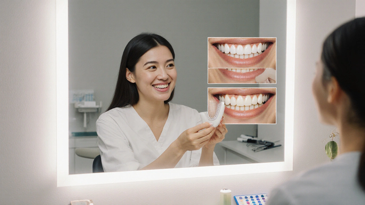 Pacient drží dočasné plastové fazety před zrcadlem a sleduje svůj nový úsměv.