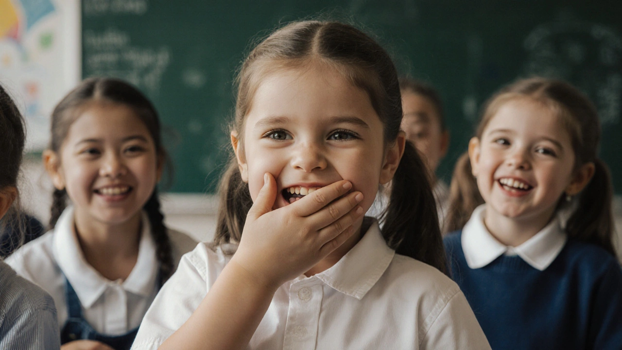 Dítě přikrývá ústa rukou, zatímco spolužáci v škole usmívají.