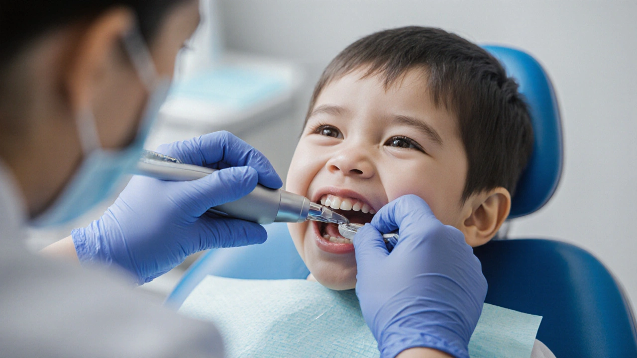 Pediatrik zubař odstraňuje zubní kámen zubnímu dítěti.