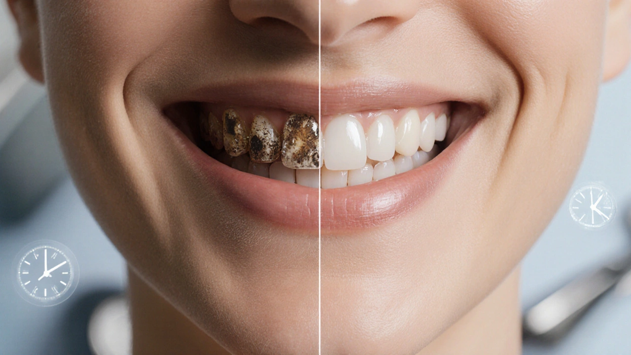 Before and after smile with stained teeth versus composite veneers