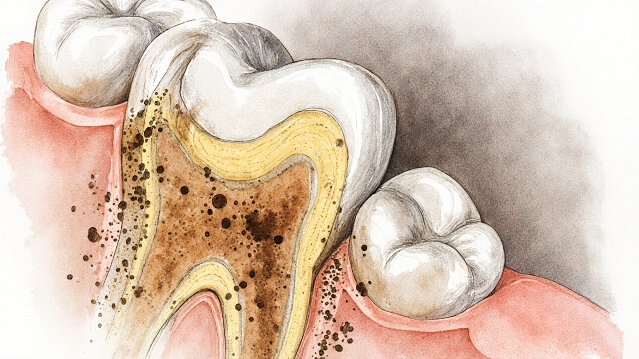 Cross-section of a tooth showing thinning enamel and yellow dentin with stains