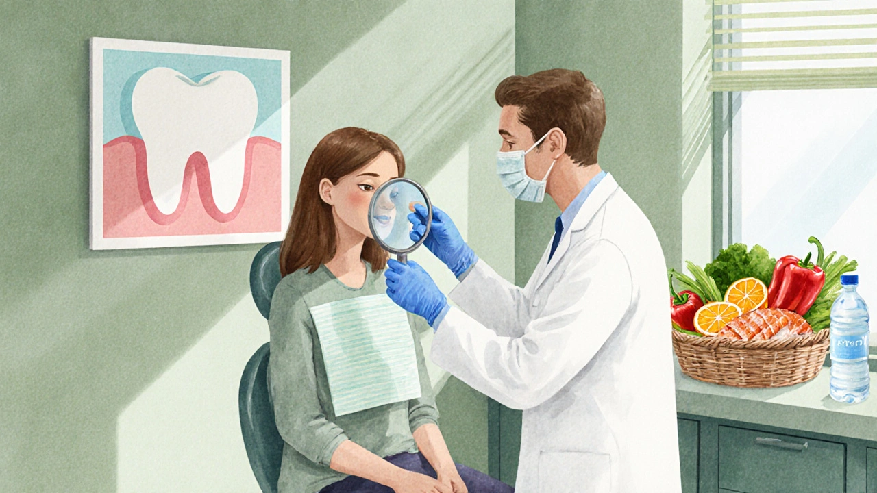 Dentista kontroluje korunku a dásně, vedle zdravých potravin a vodní láhve, znázorňující dlouhodobou údržbu.