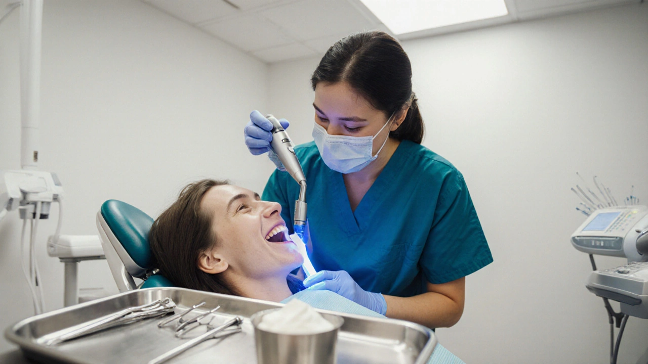 Dentista používá ultrazvukový scaler u pacienta v moderní ordinaci.