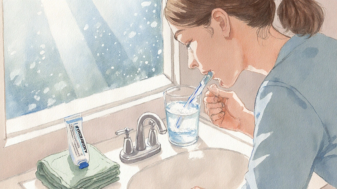 Domácí péče: ústní oplach, fluoridová pasta a dočasný cement na zub.