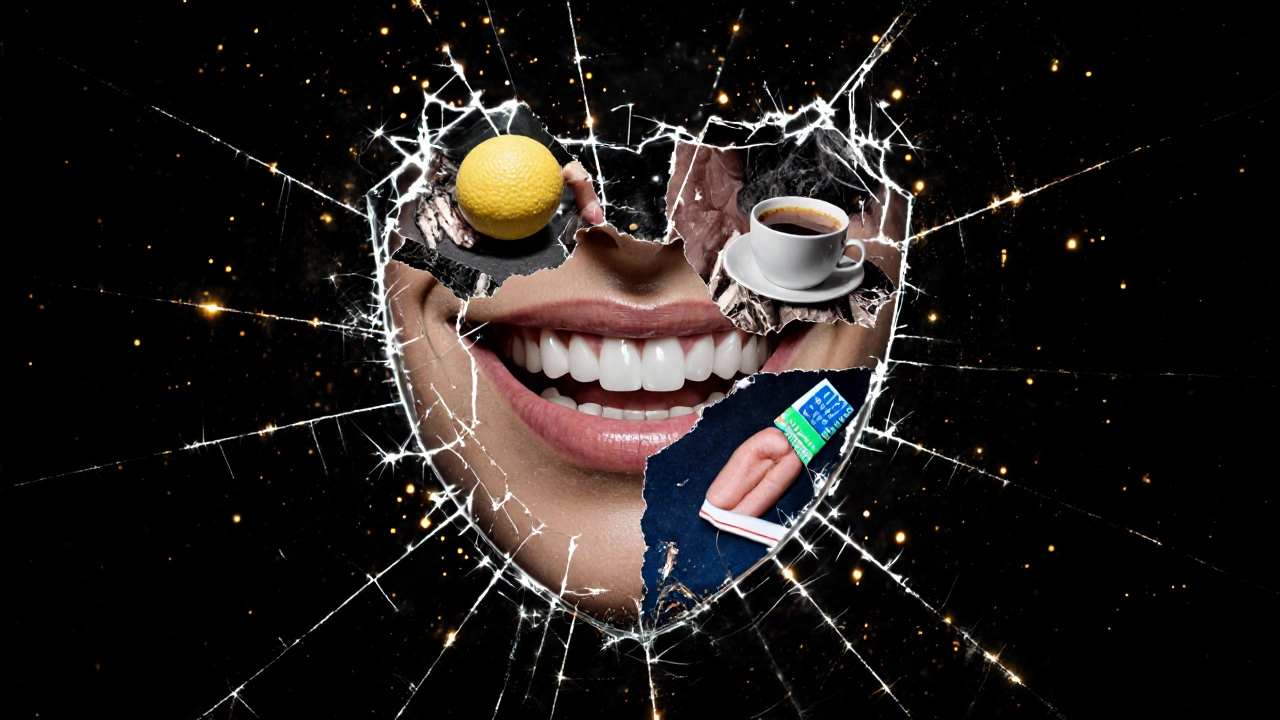 Křehký skleněný štít se rozbíjí nad ústy, symbolizující rizika pro sklovinu.