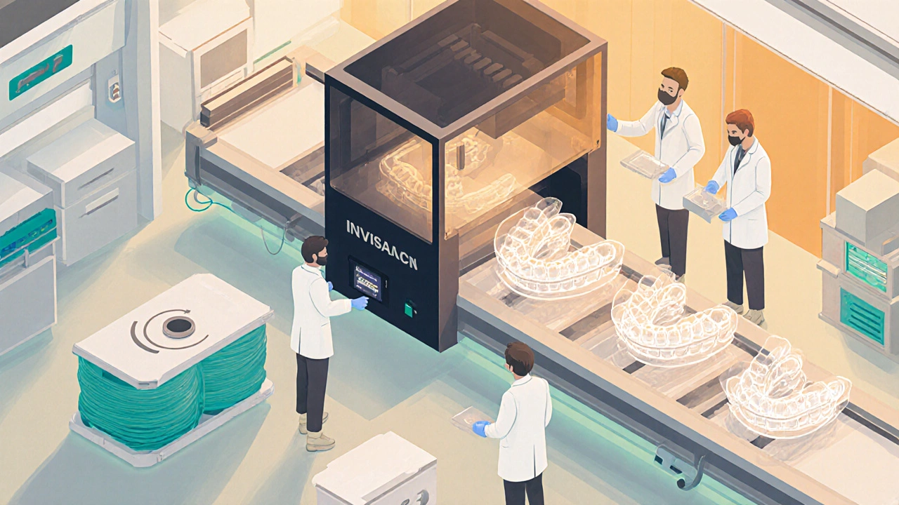 Laboratorní prostor s 3D tiskárnou, která vyrábí průhledné alignery.