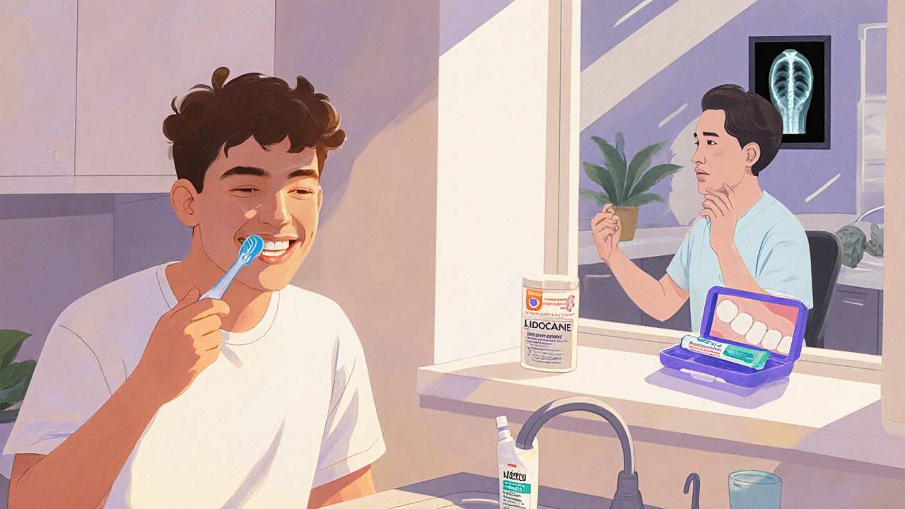 Osoba čistí korunku měkkým kartáčkem, zatímco zubař kontroluje rentgen.