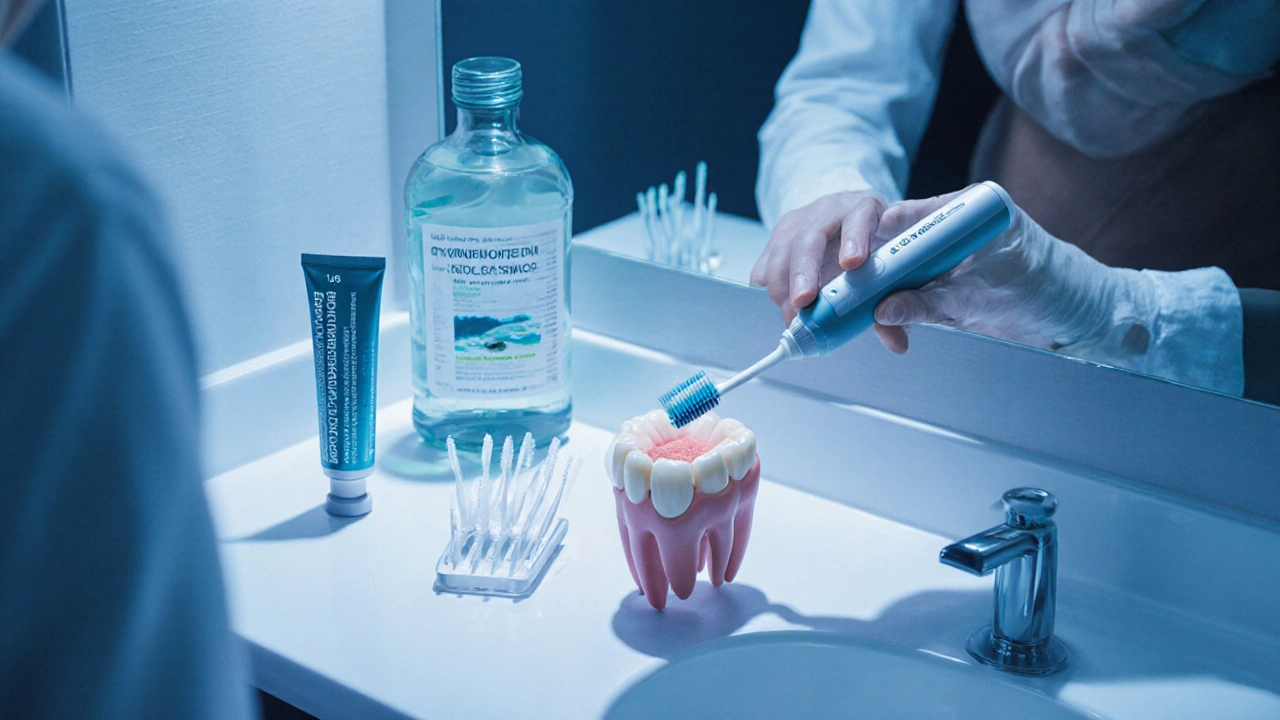 Pacient čistící dentální náhradu elektrickým měkkým kartáčkem, s fluoridovou pastou a mezizubním kartáčkem.