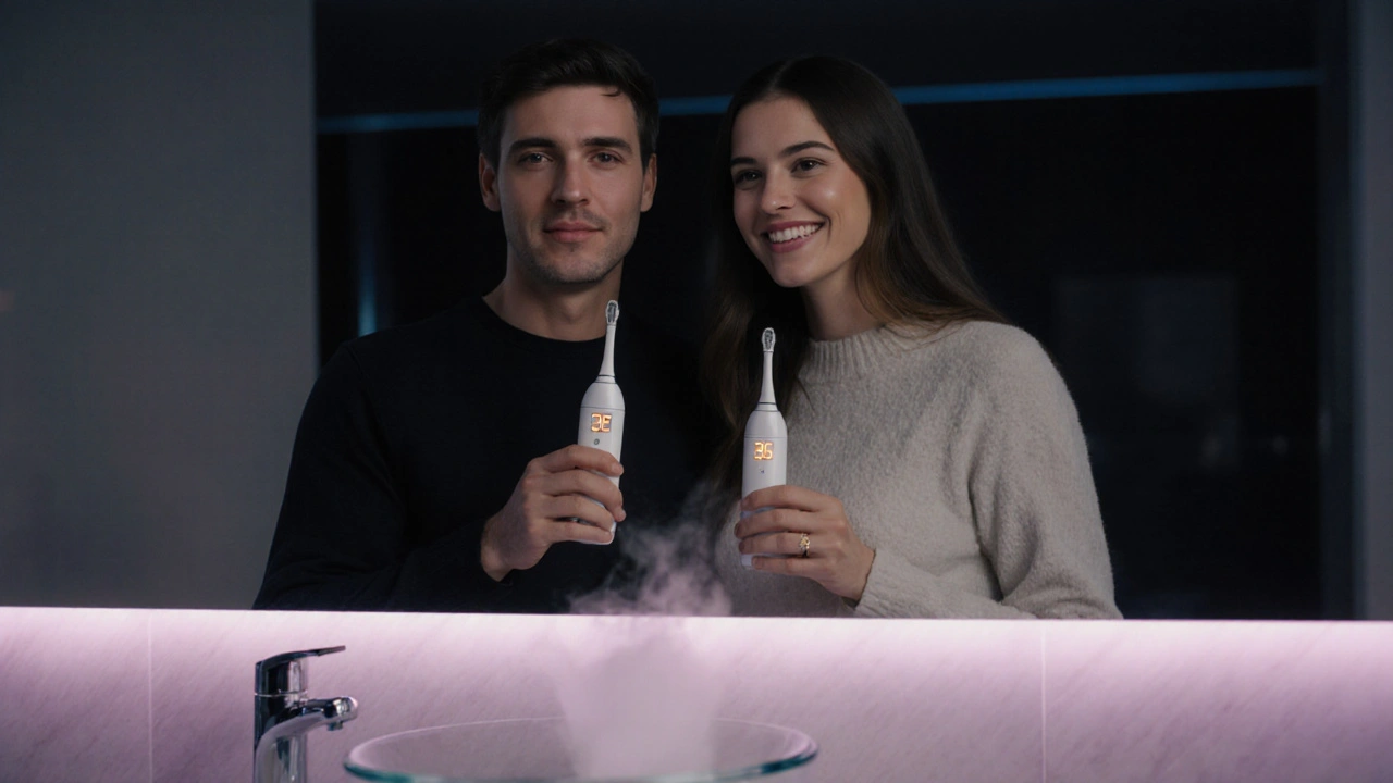 Pár s úsměvy drží ultrazvukové čističe, osvícené LED diodami v moderní koupelně.