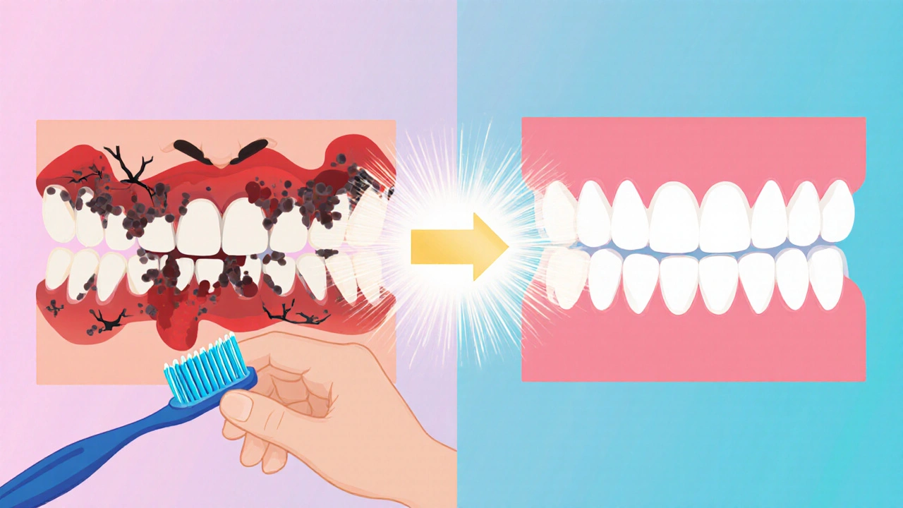Před a po: zánětlivé dásně s kamenem vs. zdravé dásně a leskly zuby