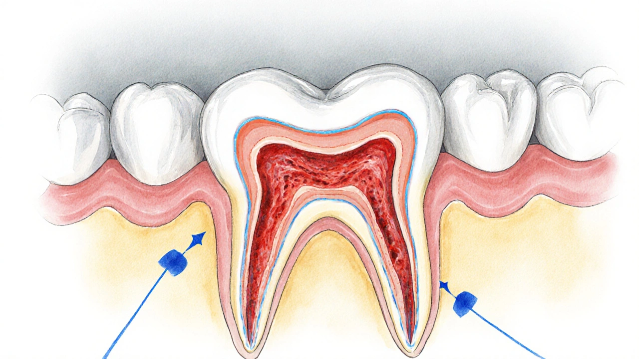Řez zubu s korunkou ukazuje zánět dásní, skrytý kaz a tlakový bod.