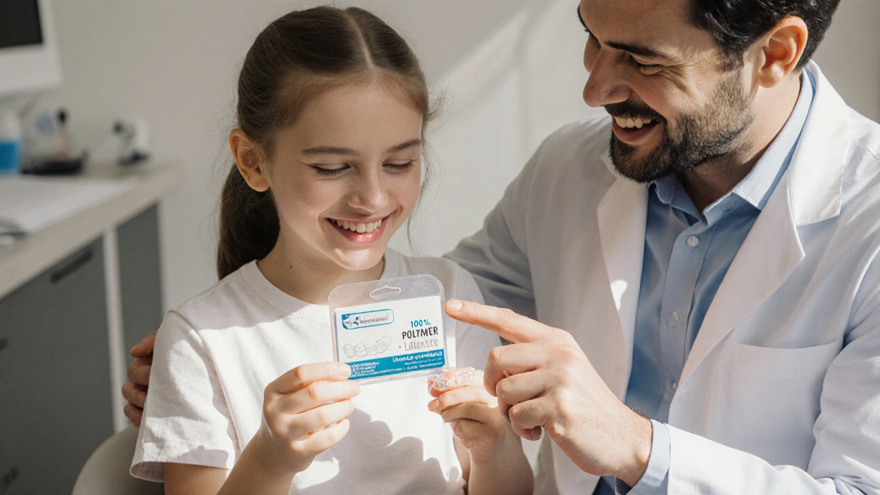 Rodina a ortodont v kanceláři, drží bezlatexové gumičky s popiskem.