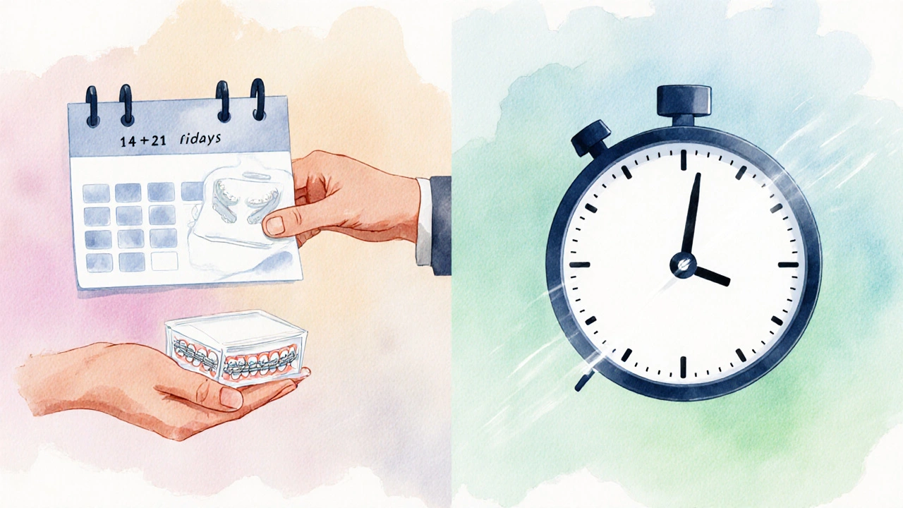 Rozdělená scéna ukazuje standardní (14‑21 dnů) i urgentní (48 h) výrobu Invisalign předávanou pacientovi.