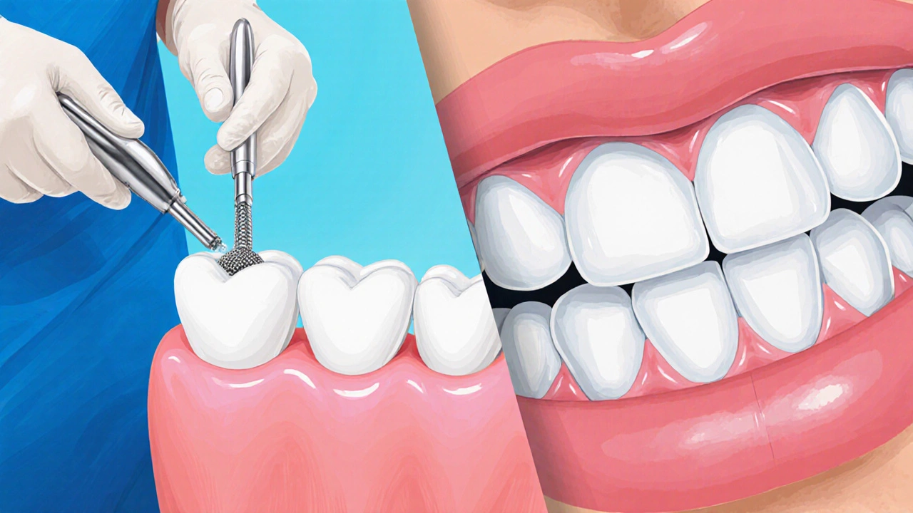 Rozdělený snímek: levá strana – profesionální ultrazvukové čištění, pravá – čistá zirkonová korunka.