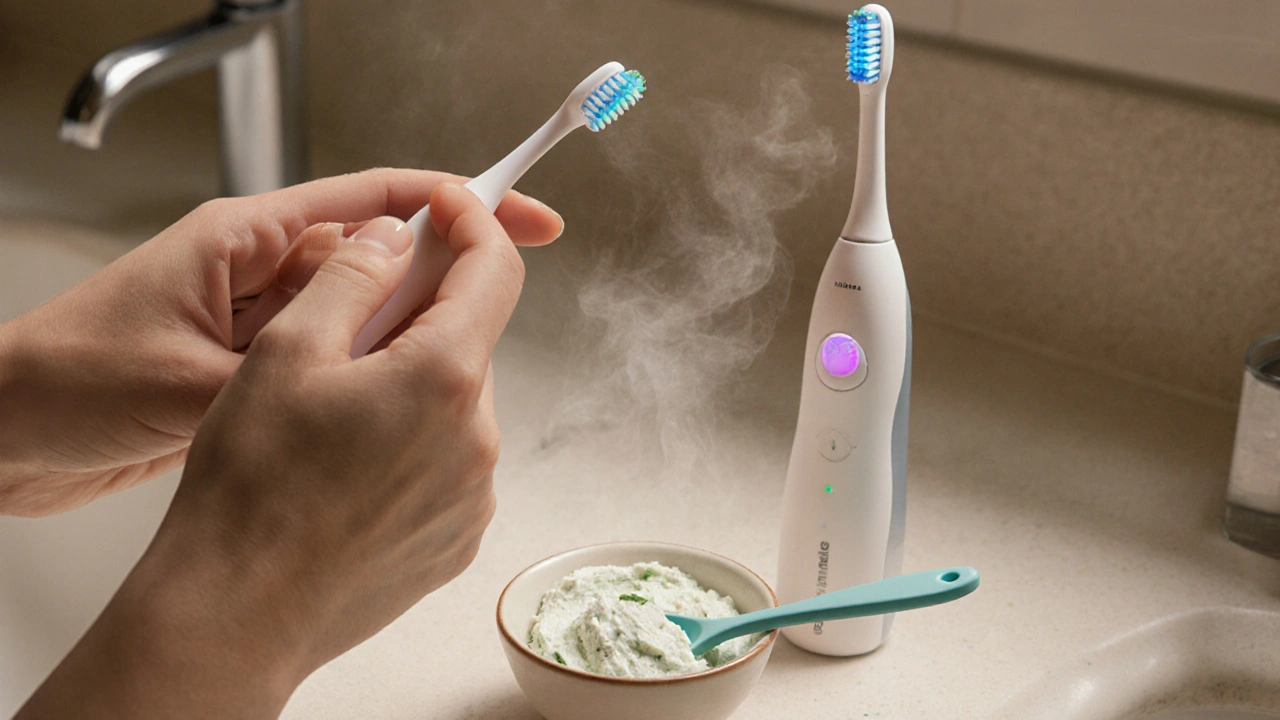 V koupelně ruka čistí mezizubní kartáčkem, vedle elektrický kartáček a domácí pasta.