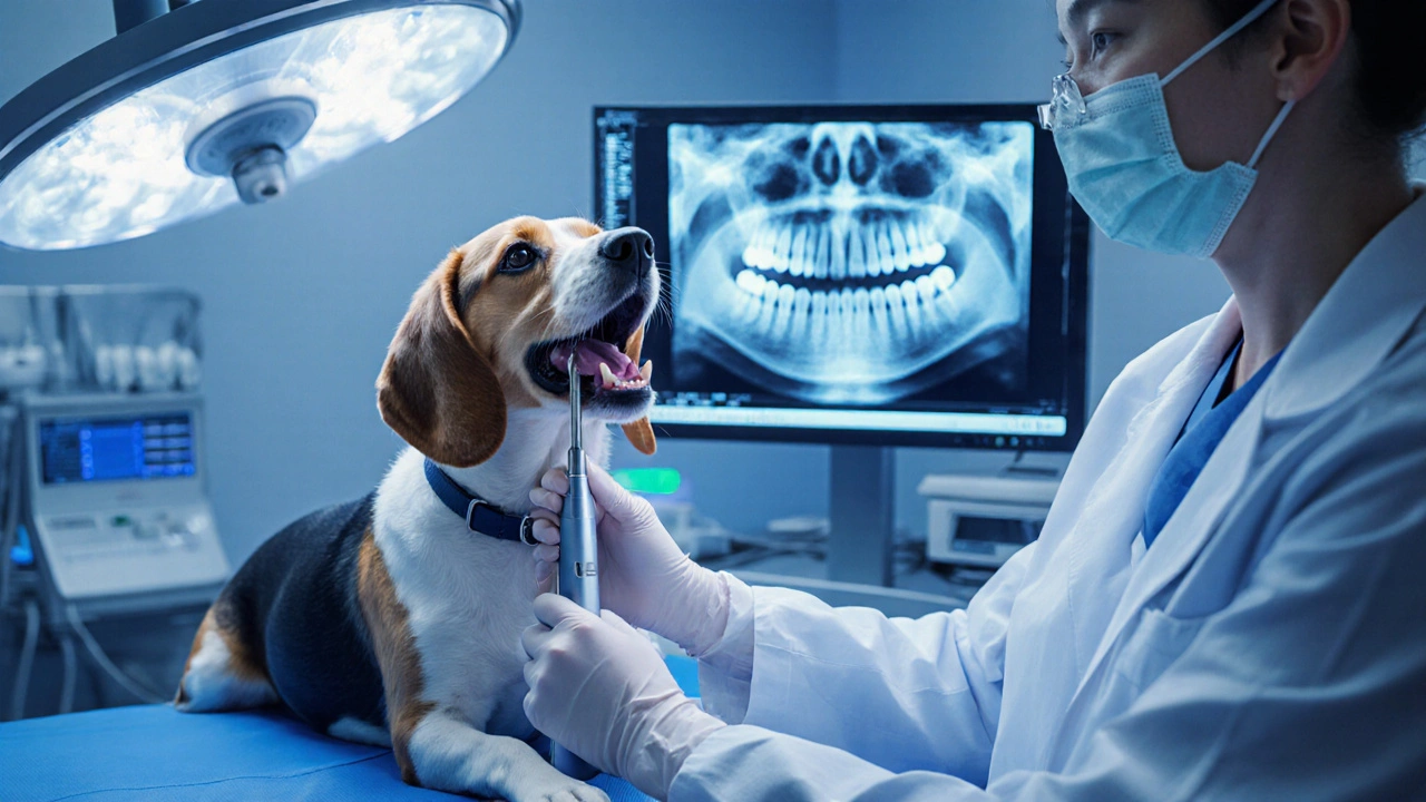 Veterinář ošetřuje psa ultrazvukovým zubním čističem při rentgenovém vyšetření.