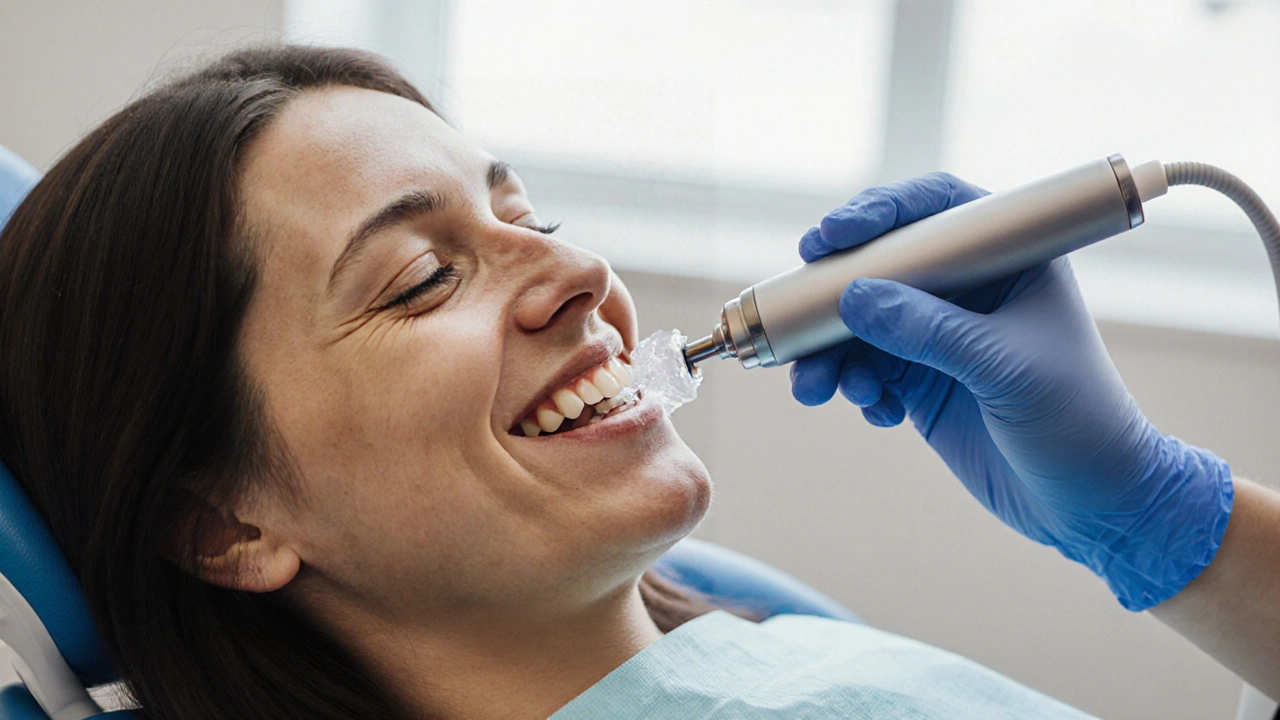 Zubař odstraňuje zubní kámen ultrazvukovým nástrojem v klinice