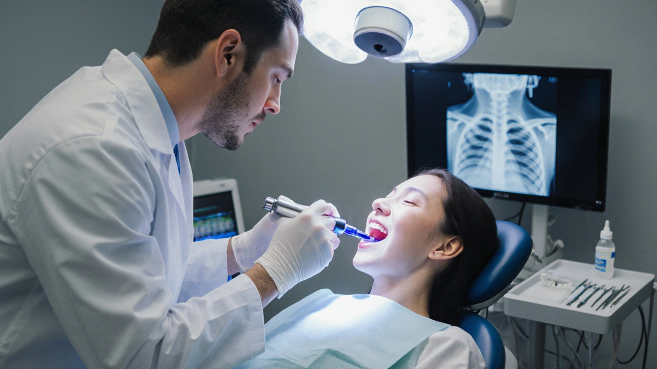 Zubní lékař provádí výplň kompozitním materiálem ve moderním ordinaci.