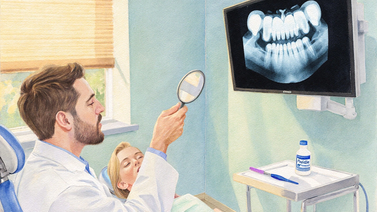 Zubní ordinace, zubař provádí fluoridaci a kontrolu rentgenovým snímkem skrytého kazu.