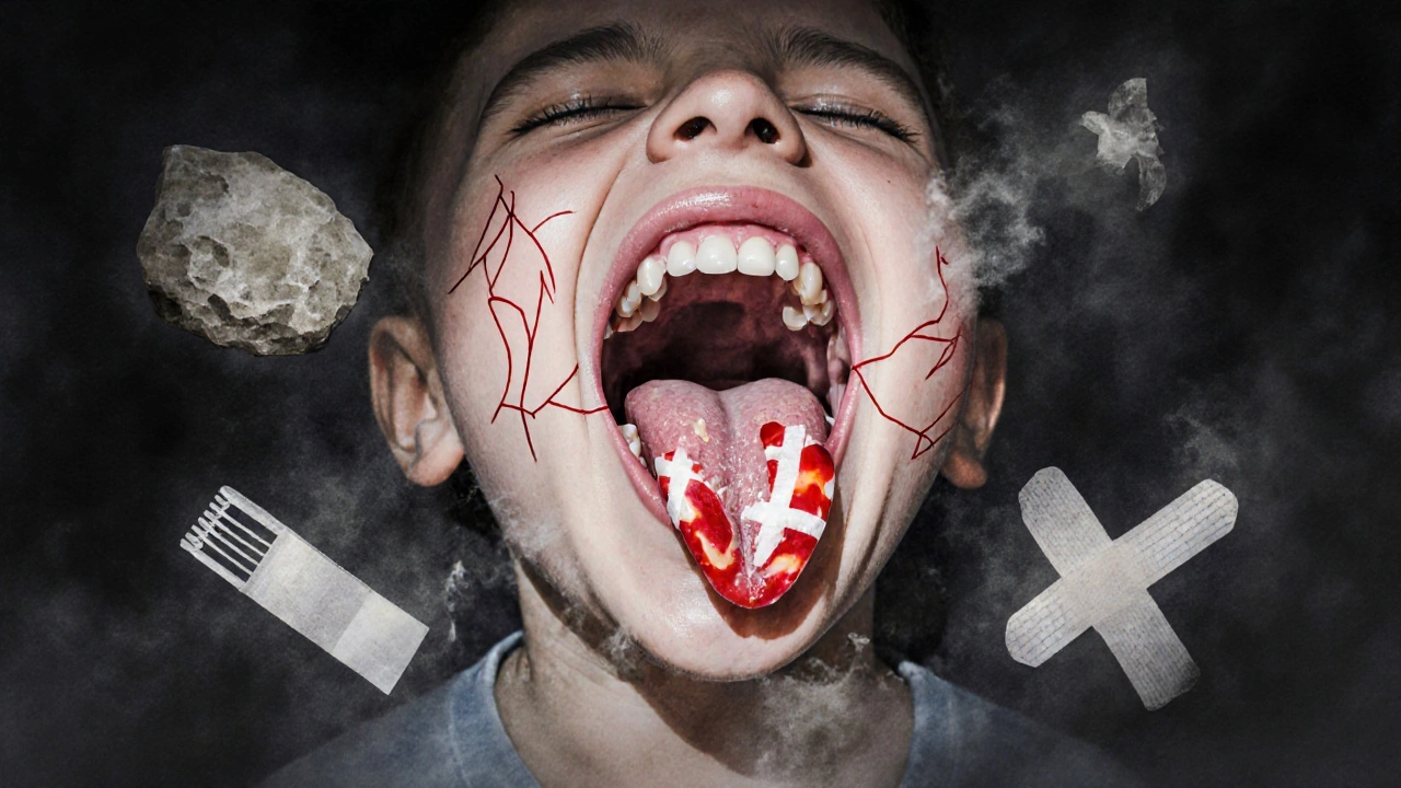 Abstraktní vodové kresby nehojících se změn na jazyku a dásních dítěte.