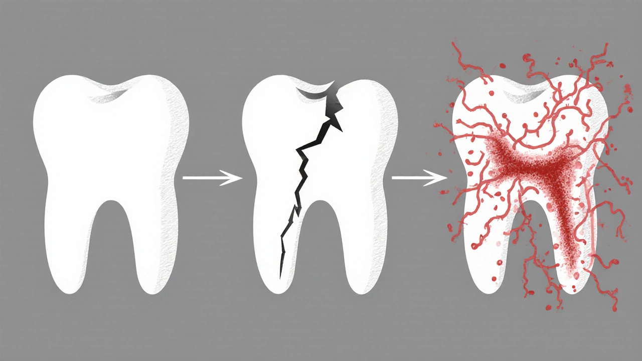 Časová osa poškození zubu: od zdravého zubu až po infekci v čelisti.
