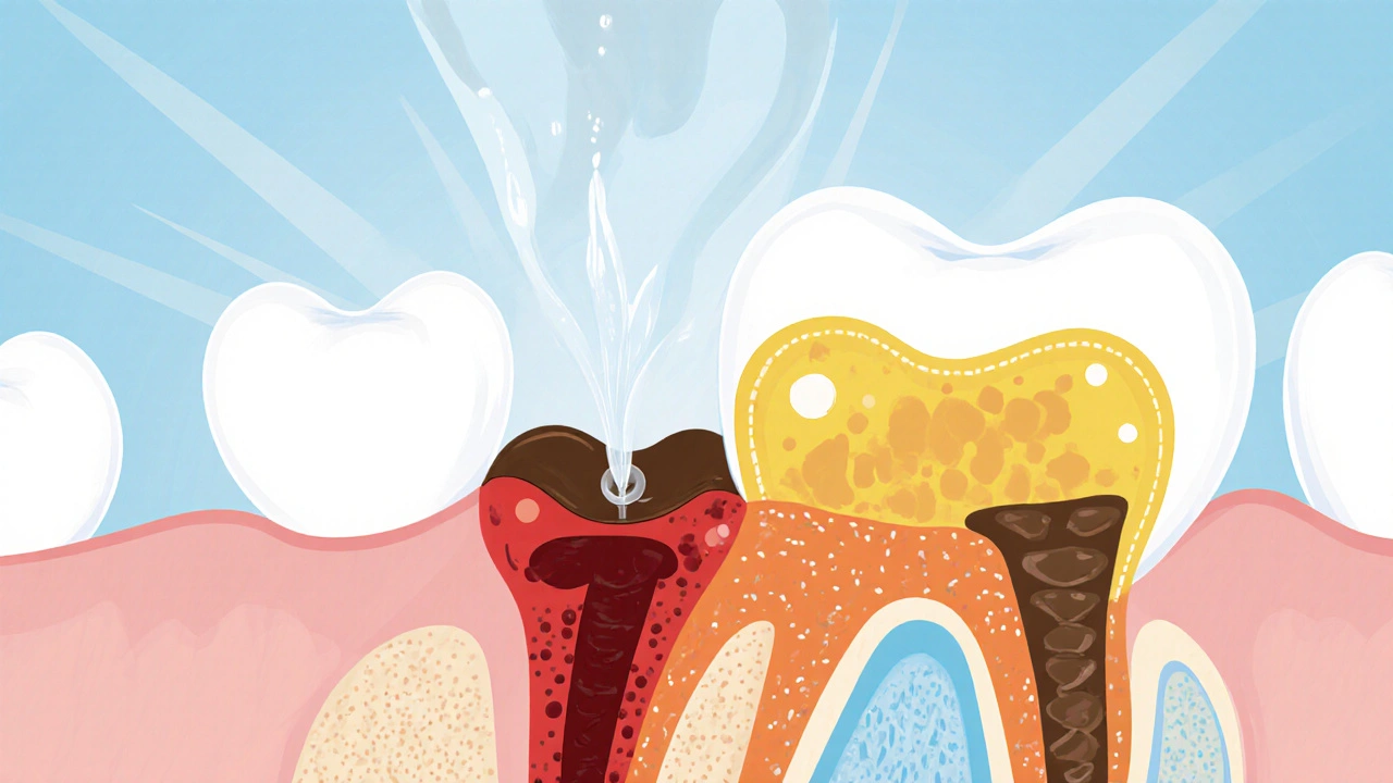 Cross-section of a tooth showing infected pulp being cleaned and filled with gutta-percha.