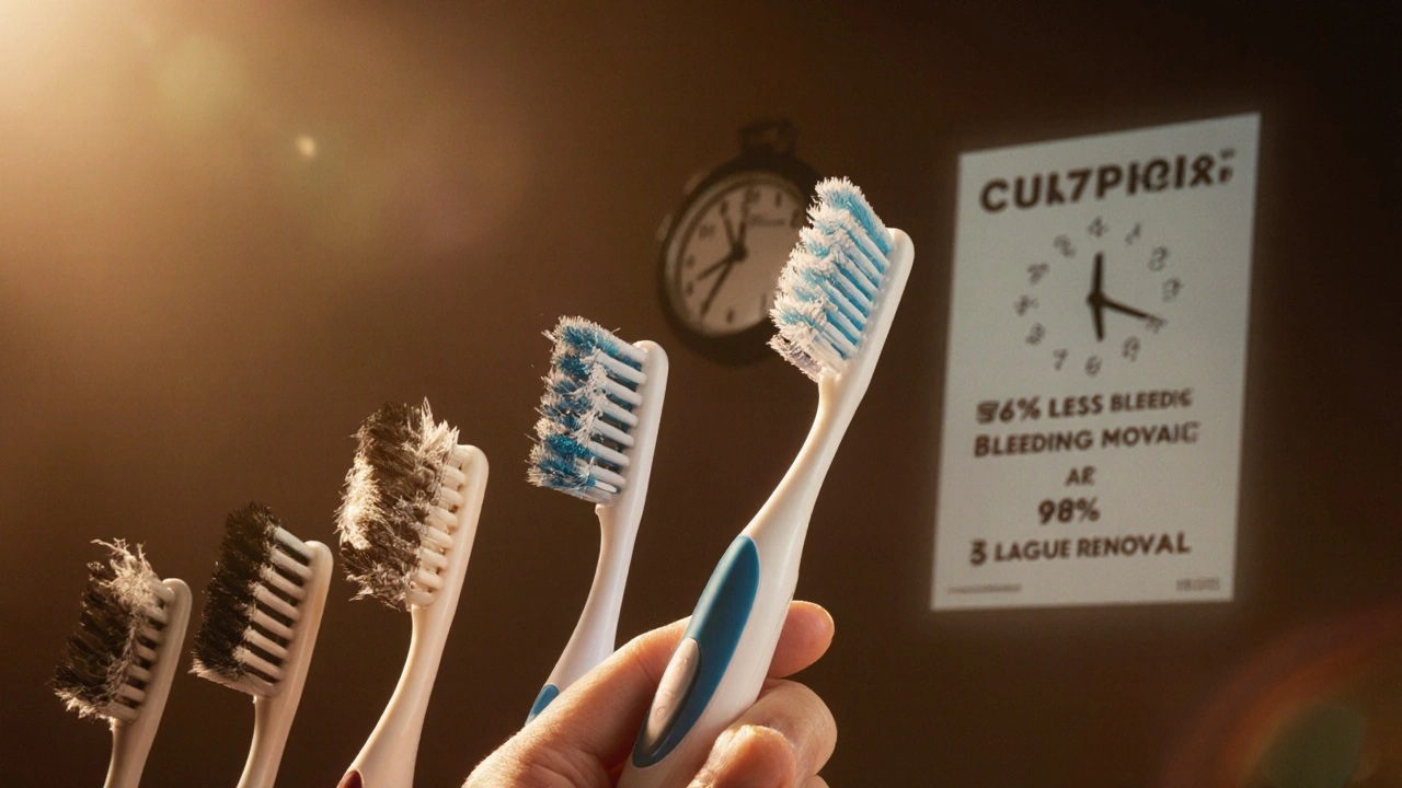 Curaprox kartáček vedle poškozených běžných kartáčků s roztáhlými štětinami.