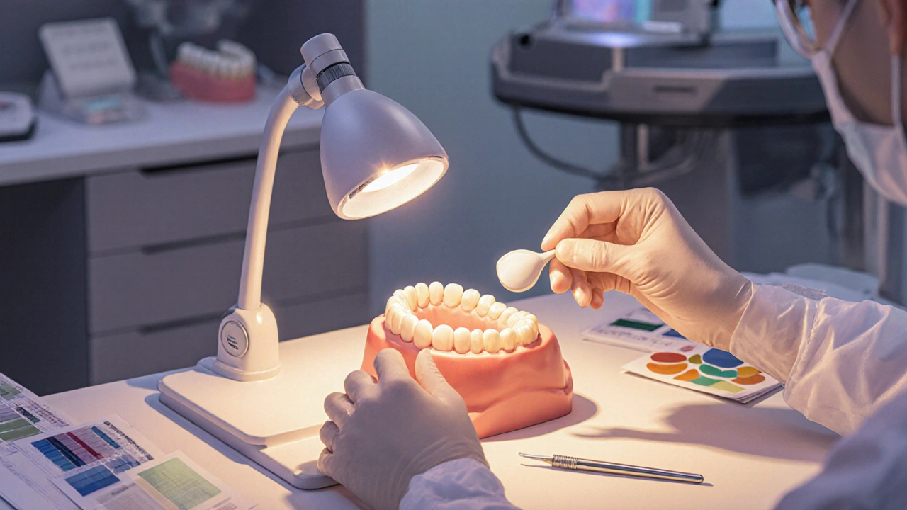 Dentální technik připevňuje tenkou keramickou fazetu na model zubů v laboratoři.