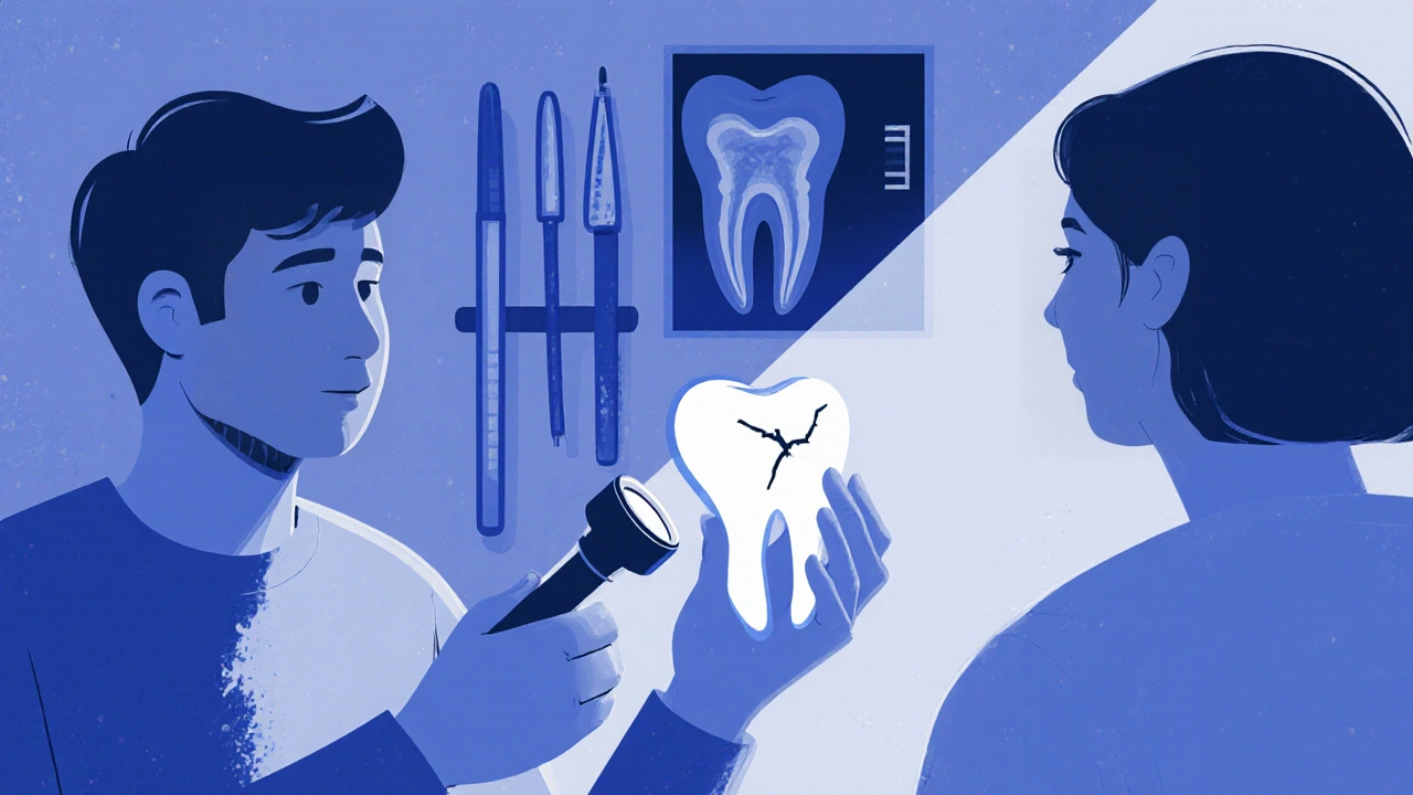 Dentista prohlíží zub s prasklinou pomocí zrcátka a světla