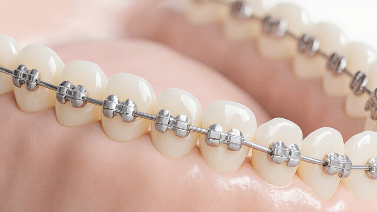 Detailní záběr keramických a kovových rovnátek vedle sebe na zubech.