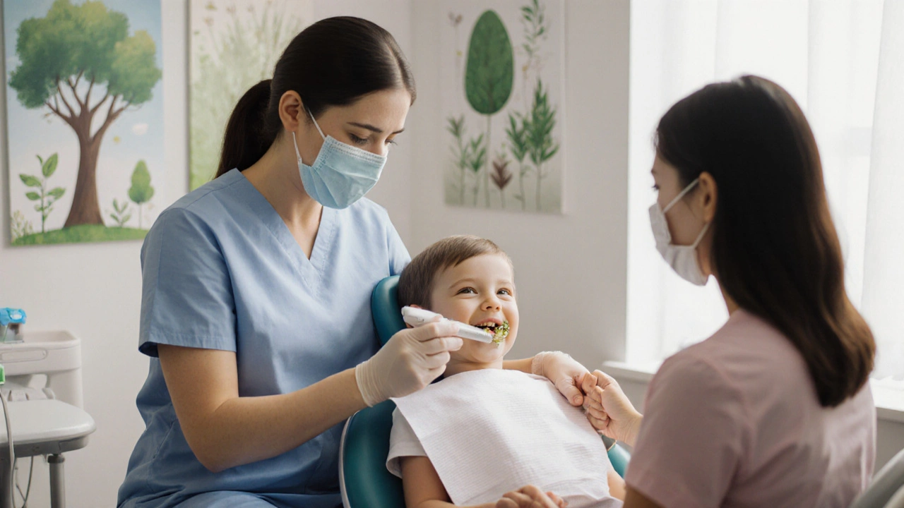 Dětský zubař odstraňuje zubní kámen ultrazvukem při klidné návštěvě.