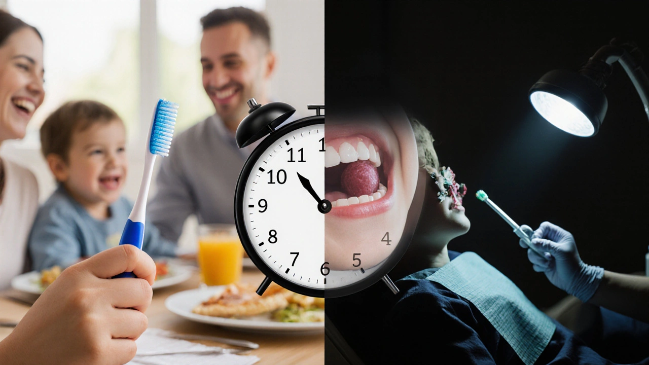 Dítě drží zubní kartáček vedle hodin, zatímco v ústech prorůstá nádor.