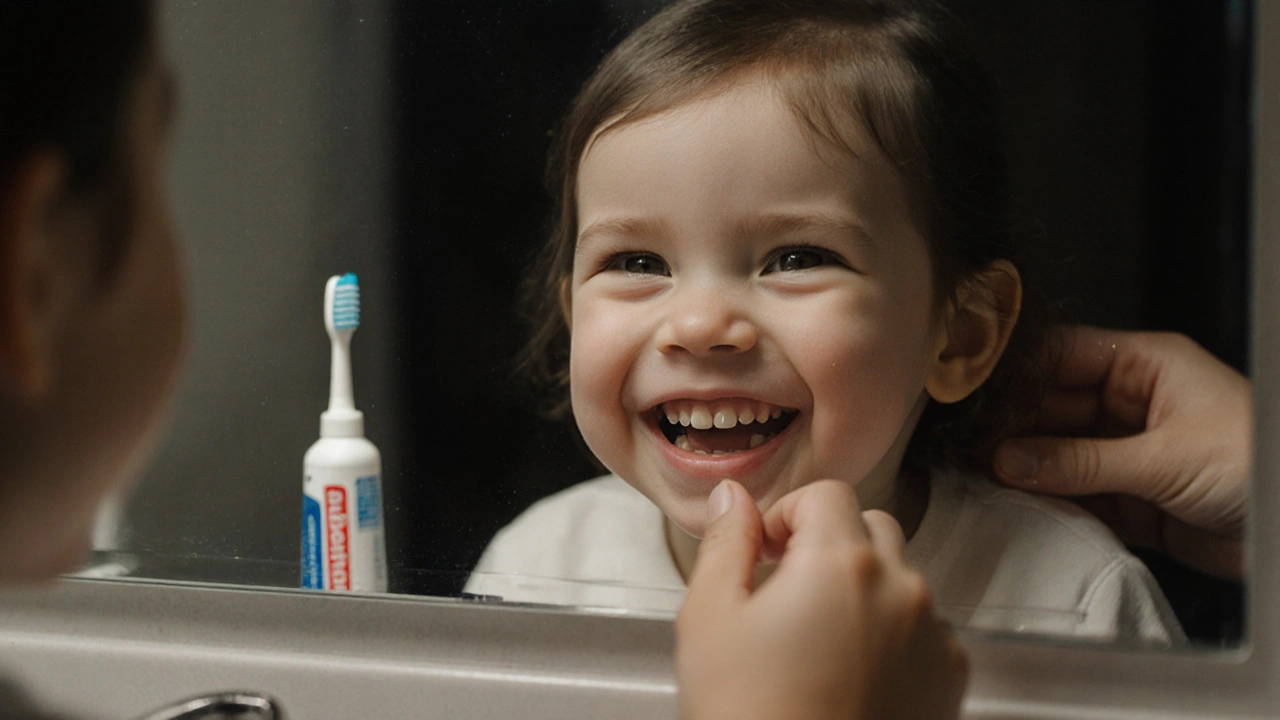 Dítě se dívá do zrcadla, na horních řezácích jsou vidět bílé skvrny jako příznak začínajícího kazu.