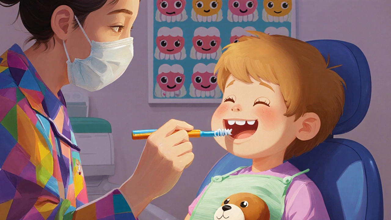 Dítě u zubního lékaře, který aplikuje fluoridový lak, klidná a přívětivá atmosféra kliniky.