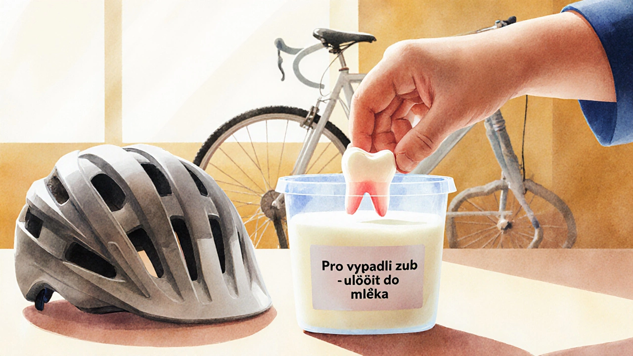 Dítě ukládá vypadlý zub do plastového kontejneru s mlékem.