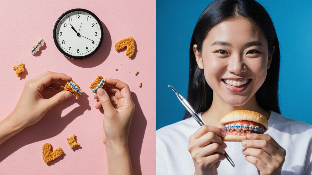 Dvě cesty: jedna s poškozenými rovnátky a zpožděním, druhá s celými rovnátky a zdravou stravou.