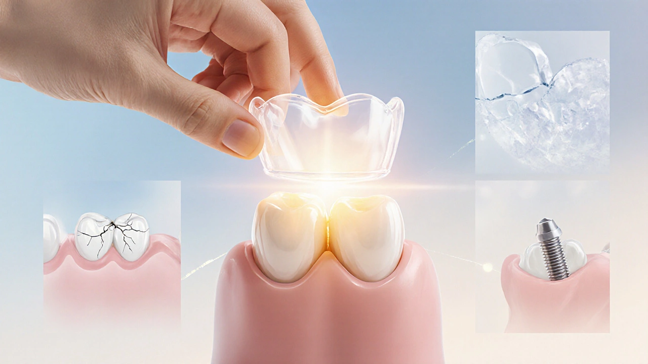 Keramická korunka je nasazena na připravený přední zub.