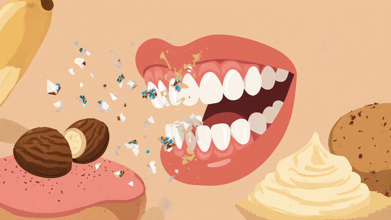 Keramická záclona se rozbíjí při kousnutí do ořechu, zatímco měkké potraviny jsou na pozadí.