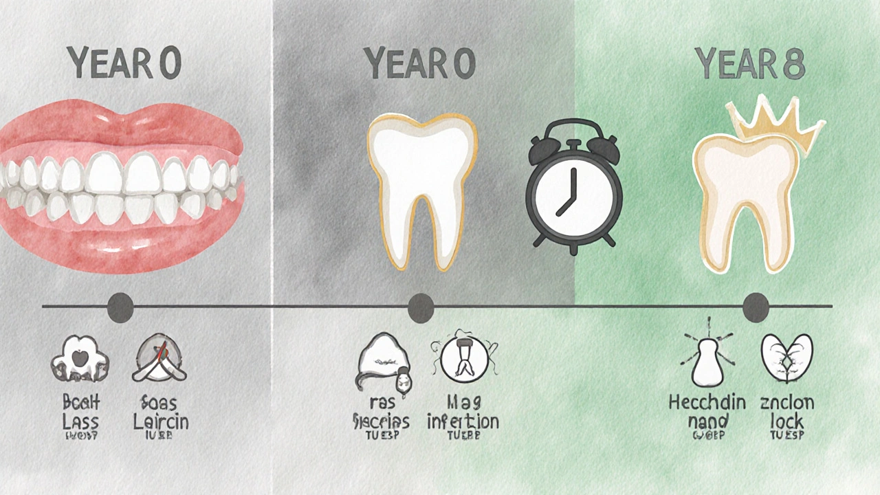 Koncepční časová osa ukazující reset pětileté lhůty zubní protézy díky výměně korunky.