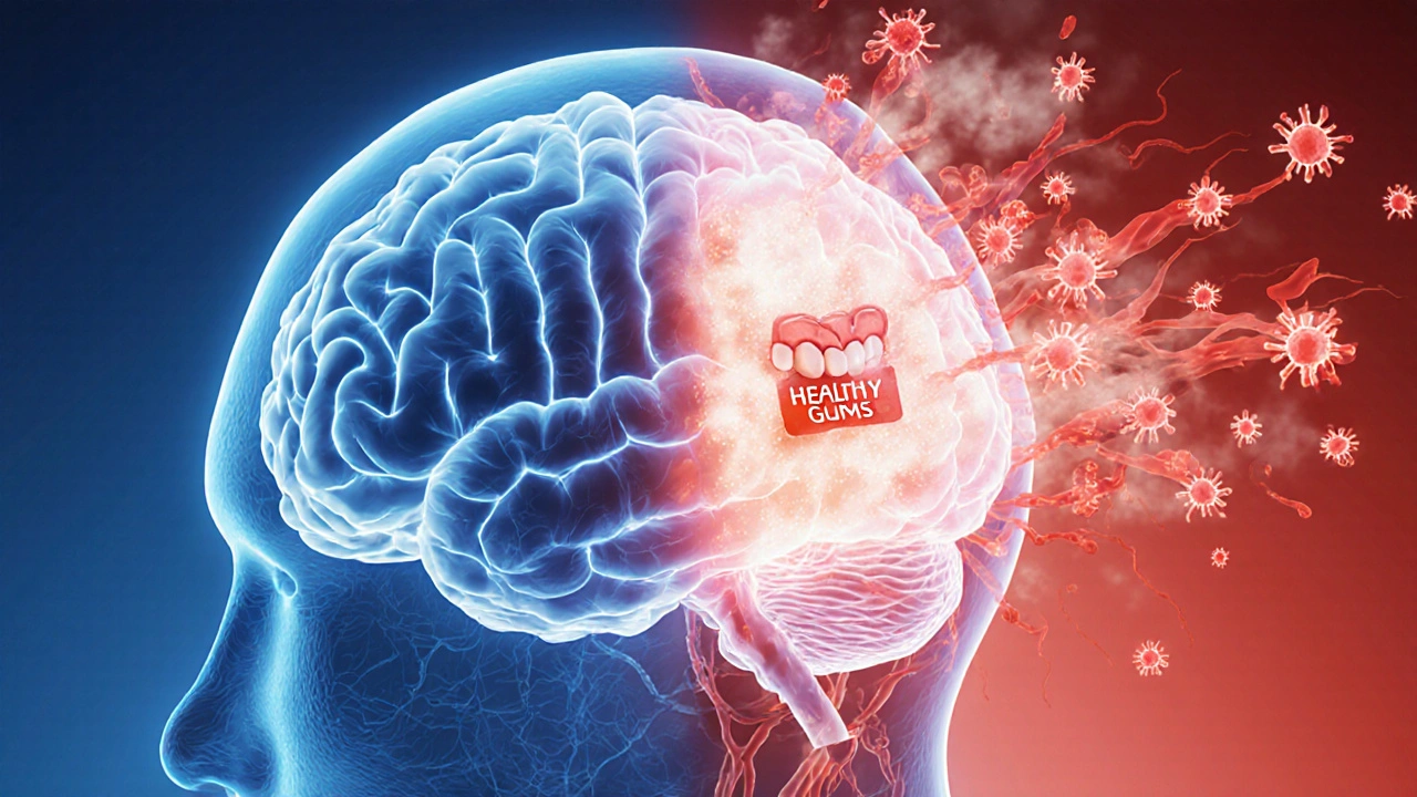 Koncepční obrázek mozku s inflamací šířící se z úst do oblastí paměti a rozhodování.