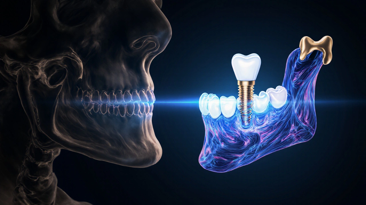 Kostní struktura čelisti s porovnáním ztráty kosti a stimulace implantáty.