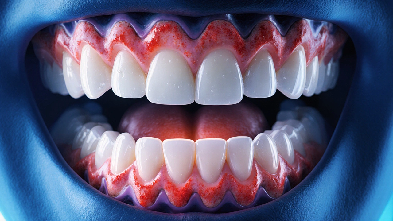 Křížový řez ústní dutiny ukazující nános plaku a zánět dásní kolem předních zubů.
