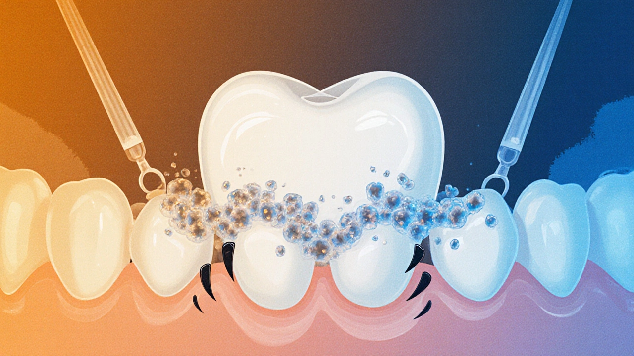Mikroskopický pohled na bakterie v zubním plaku, jak ničí sklovinu zubu po konzumaci cukru.