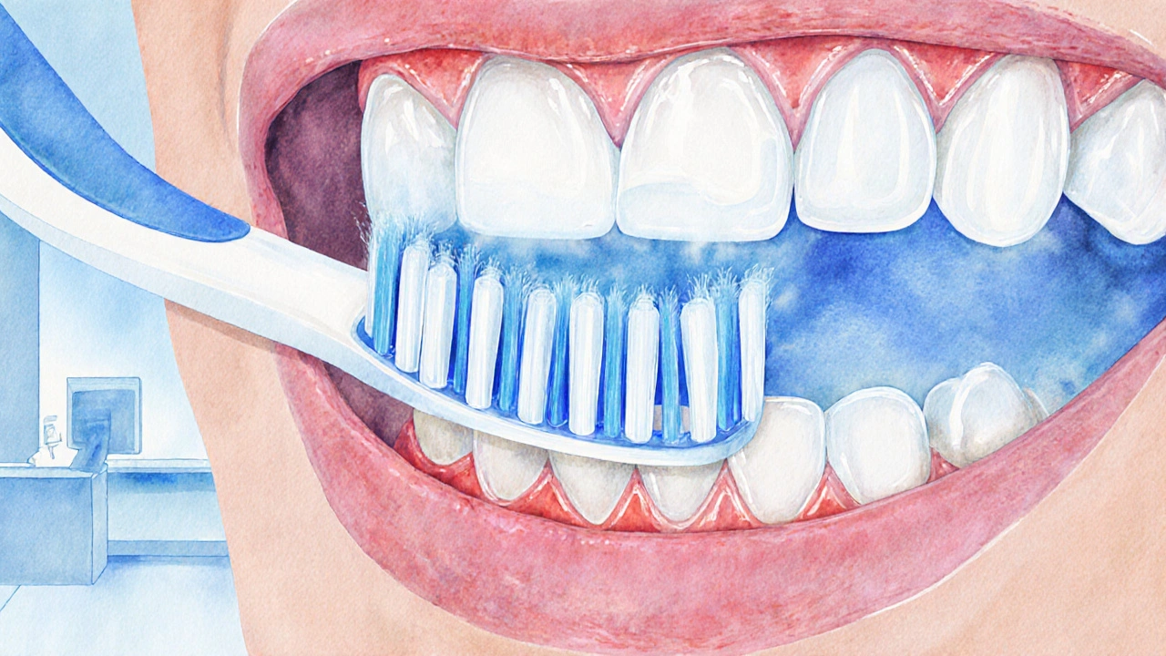 Mikroskopický pohled na štětinky Curaprox čistící mezery mezi zuby.