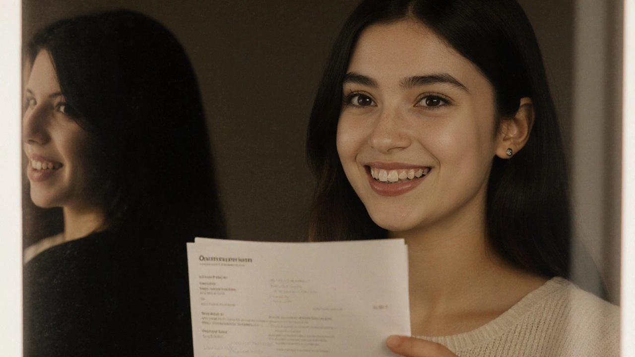 Mladý student se dívá do zrcadla s keramickými rovnátky, za ním stín s kovovými.