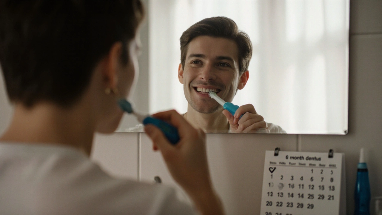 Osoba čistí si zuby ve sprše s přirozeným světlem, zdravé dásně viditelné v zrcadle.