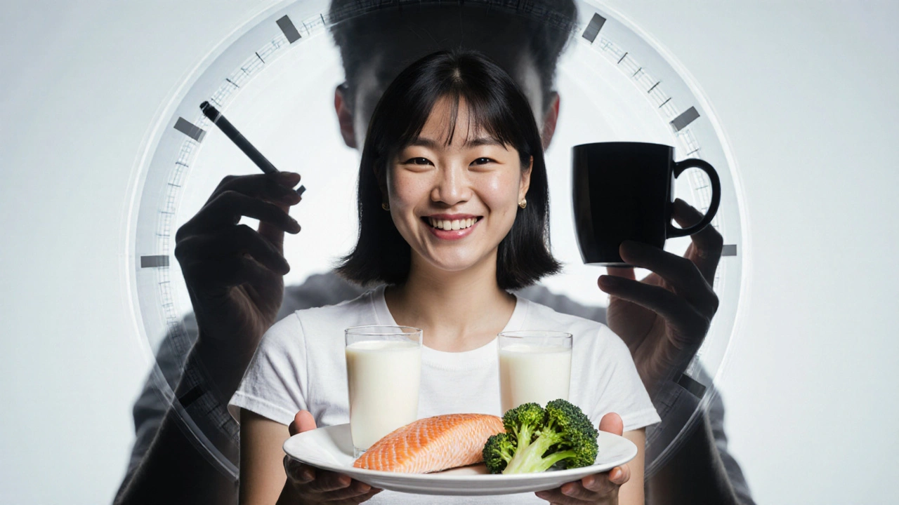 Osoba drží bílé potraviny, zatímco stín kouře a kávy se blíží, symbolizující 48hodinovou ochrannou fázi po bělení.