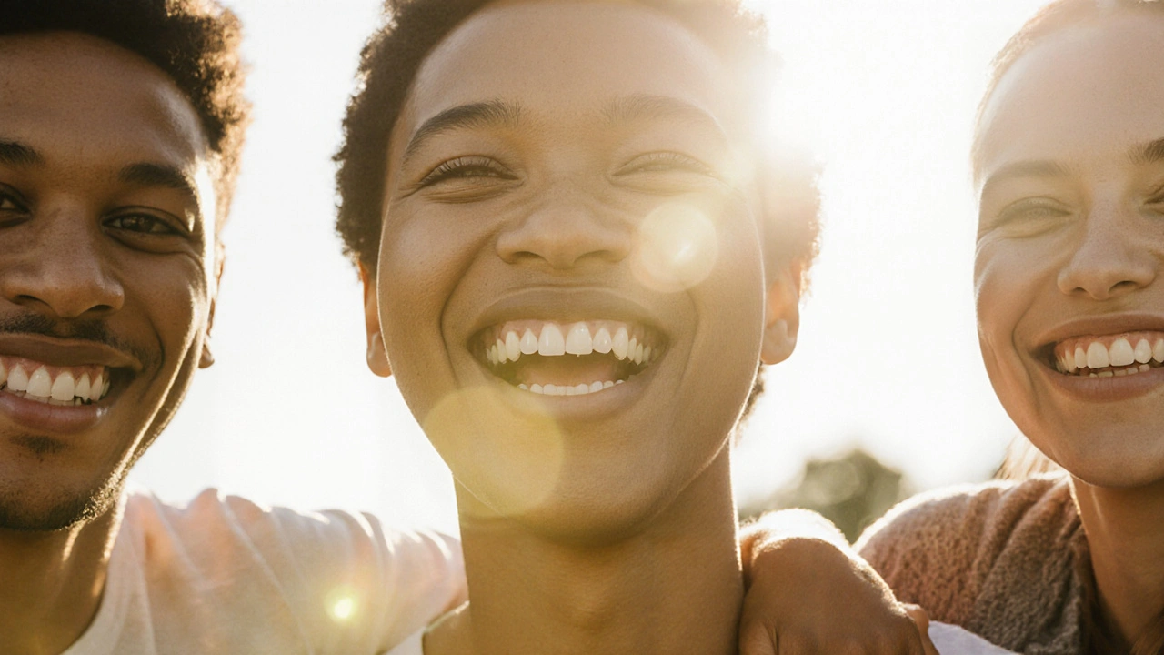 Osoba se směje v parku, její zuby svítí v slunečním světle, zatímco za ní postupně mizí její dřívější, zavřený úsměv.