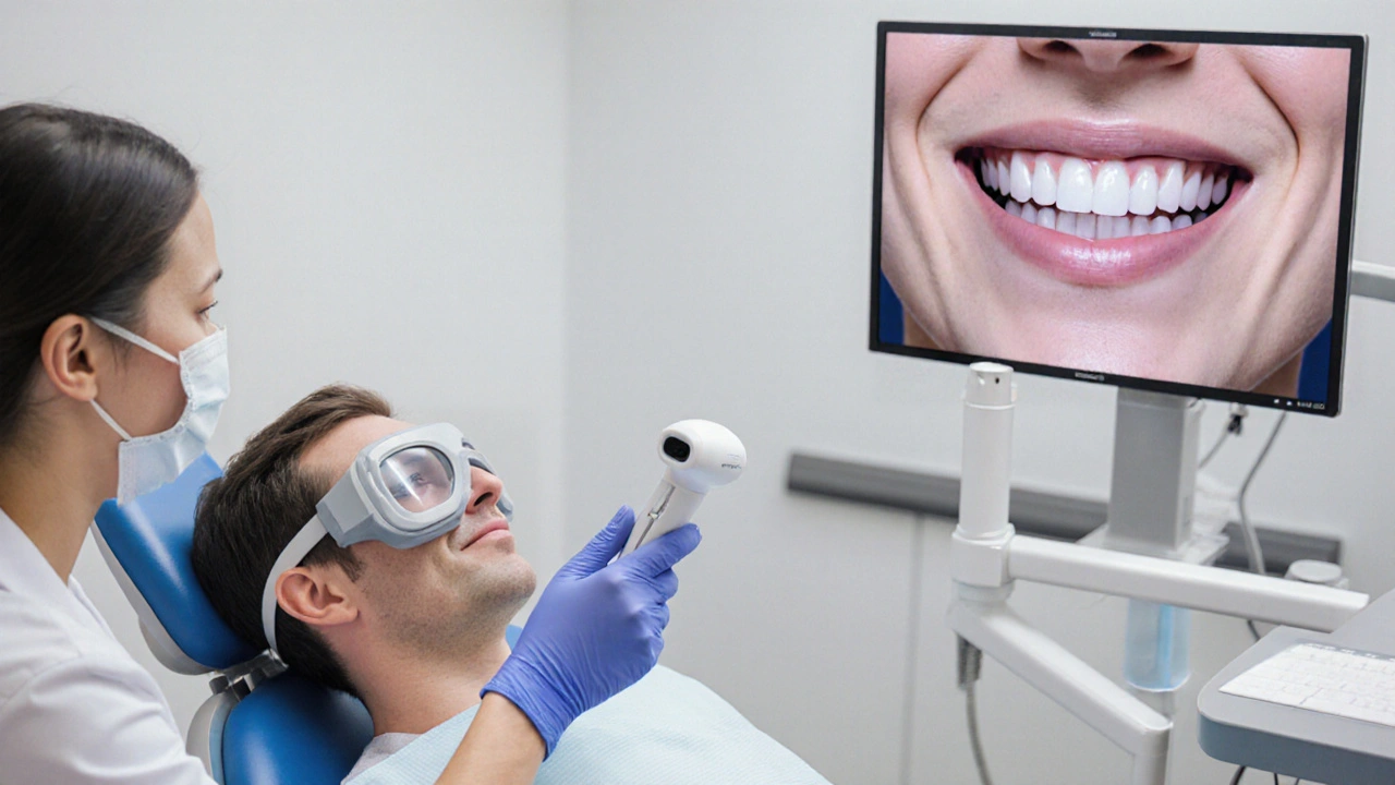 Pacient v zubní klinice podstupuje 3D skenování, na obrazovce se zobrazuje digitální model nového úsměvu.